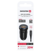 Адаптер Swissten Mini Car Charger USB-C PD + USB-A, 20W + cabel USB-C / USB-C, 1 m
