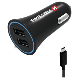 Автомобільний адаптер Swissten Car Charger + USB-C Cable чорний Black