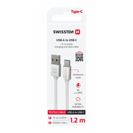 Кабель для зарядки і передачі даних Swissten Textile USB / USB-C 1,2 m срібний stříbrná