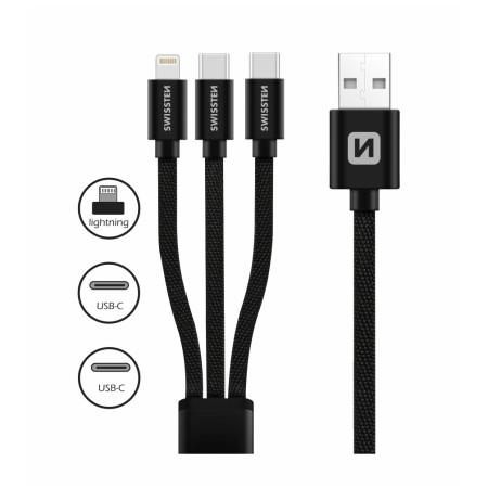 Кабель для зарядки і передачі даних Swissten DATA CABLE TEXTILE 3in1 1,2 M BLACK