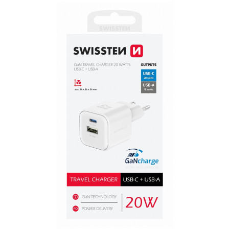 Зарядний пристрій Swissten TRAVEL CHARGER GaN 1x USB-C 20W PD AND 1x USB-A 18W QC