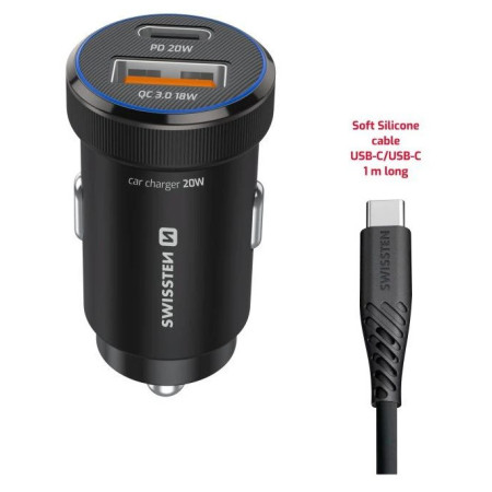 Адаптер Swissten Mini Car Charger USB-C PD + USB-A, 20W + cabel USB-C / USB-C, 1 m