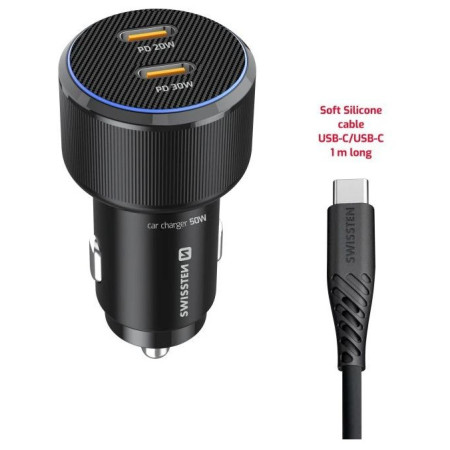 Адаптер Swissten Car Charger 2X USB-C PD, 50W + cabel USB-C / USB-C, 1 m