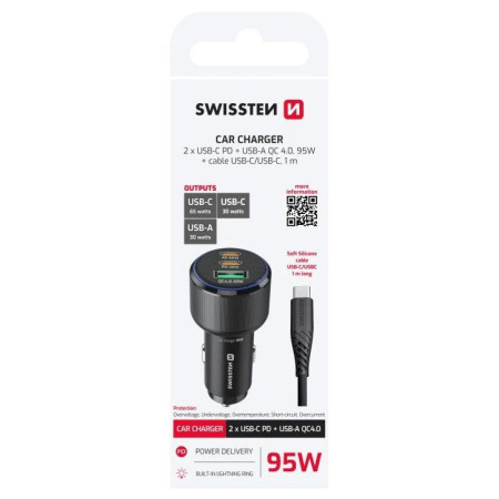 Адаптер Swissten Car Charger 2x USB-C PD + USB-A, 95 W + cabel USB-C / USB-C, 1 m