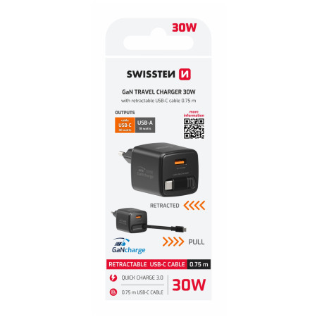 Адаптер Swissten SlideCharge Gan 30W, 1X USB-A 18W