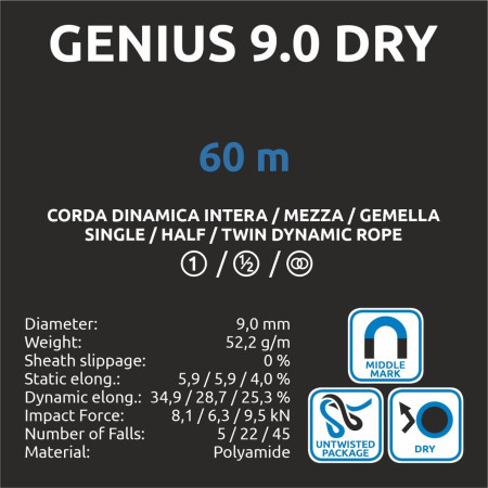 Альпіністська мотузка Camp Genius 9.0 Dry - 60m