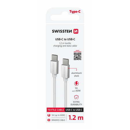 Кабель для зарядки і передачі даних Swissten Textile USB-C / USB-C 1,2 m срібний stříbrná