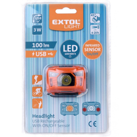 Налобний ліхтарик Extol 100lm, nabíjecí, USB, 3W LED