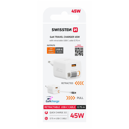Адаптер Swissten SlideCharge Gan 45W, 1X USB-A 18W + kabel USB-C 0,75 m