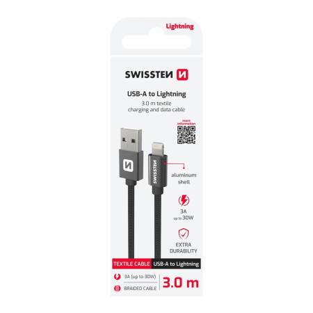 Кабель для зарядки і передачі даних Swissten Textile USB / Lightning 3 m чорний černá