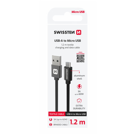 Кабель для зарядки і передачі даних Swissten Textile USB / USB-C 2 m чорний černá