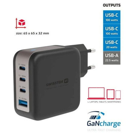 Адаптер Swissten GaN Travel Charger 100W 3X USB-C PD + USB-A