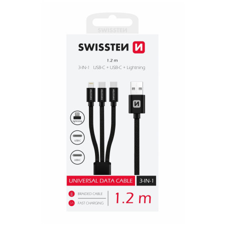 Кабель для зарядки і передачі даних Swissten DATA CABLE TEXTILE 3in1 1,2 M BLACK