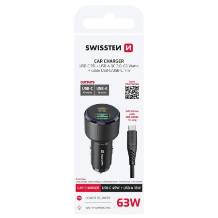 Адаптер Swissten Car Charger USB-C PD + USB-A, 63W + cabel USB-C / USB-C, 1 m