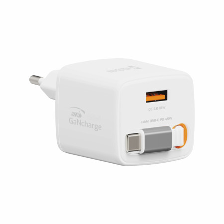 Адаптер Swissten SlideCharge Gan 45W, 1X USB-A 18W + kabel USB-C 0,75 m білий bílá