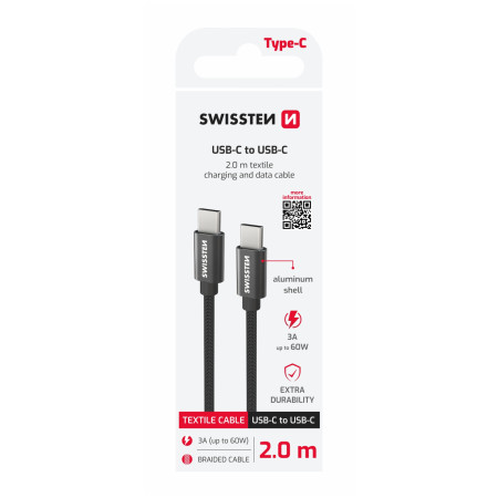 Кабель для зарядки і передачі даних Swissten Textile USB-C / USB-C 2 m чорний černá