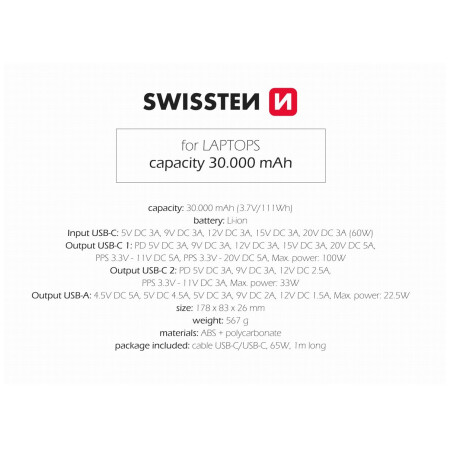 Повербанк Swissten POWER BANK 30000 mAh