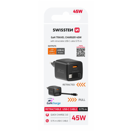 Адаптер Swissten SlideCharge Gan 45W, 1X USB-A 18W + kabel USB-C 0,75 m