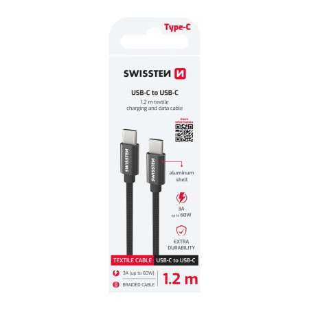Кабель для зарядки і передачі даних Swissten Textile USB-C / USB-C 1,2 m чорний černá