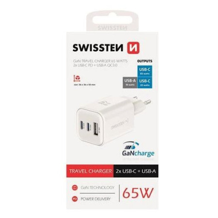 Адаптер Swissten GaN Travel Charger 2X USB -C + USB-A